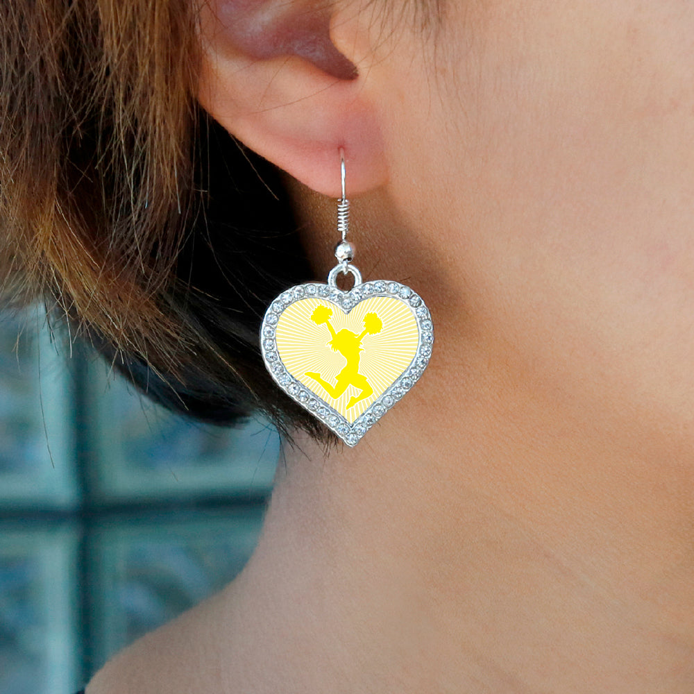 Silver Cheerleader - Yellow Open Heart Charm Dangle Earrings