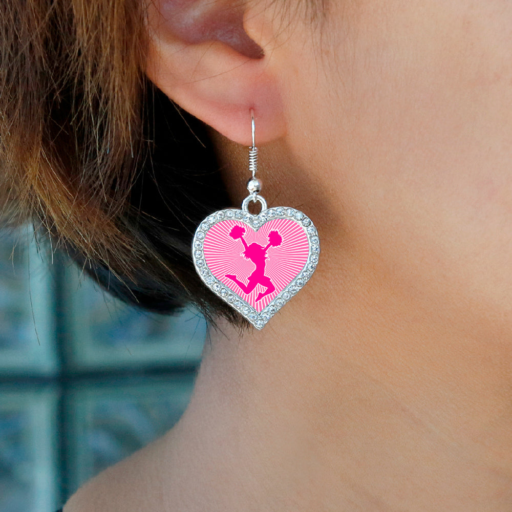 Silver Cheerleader - Pink Open Heart Charm Dangle Earrings