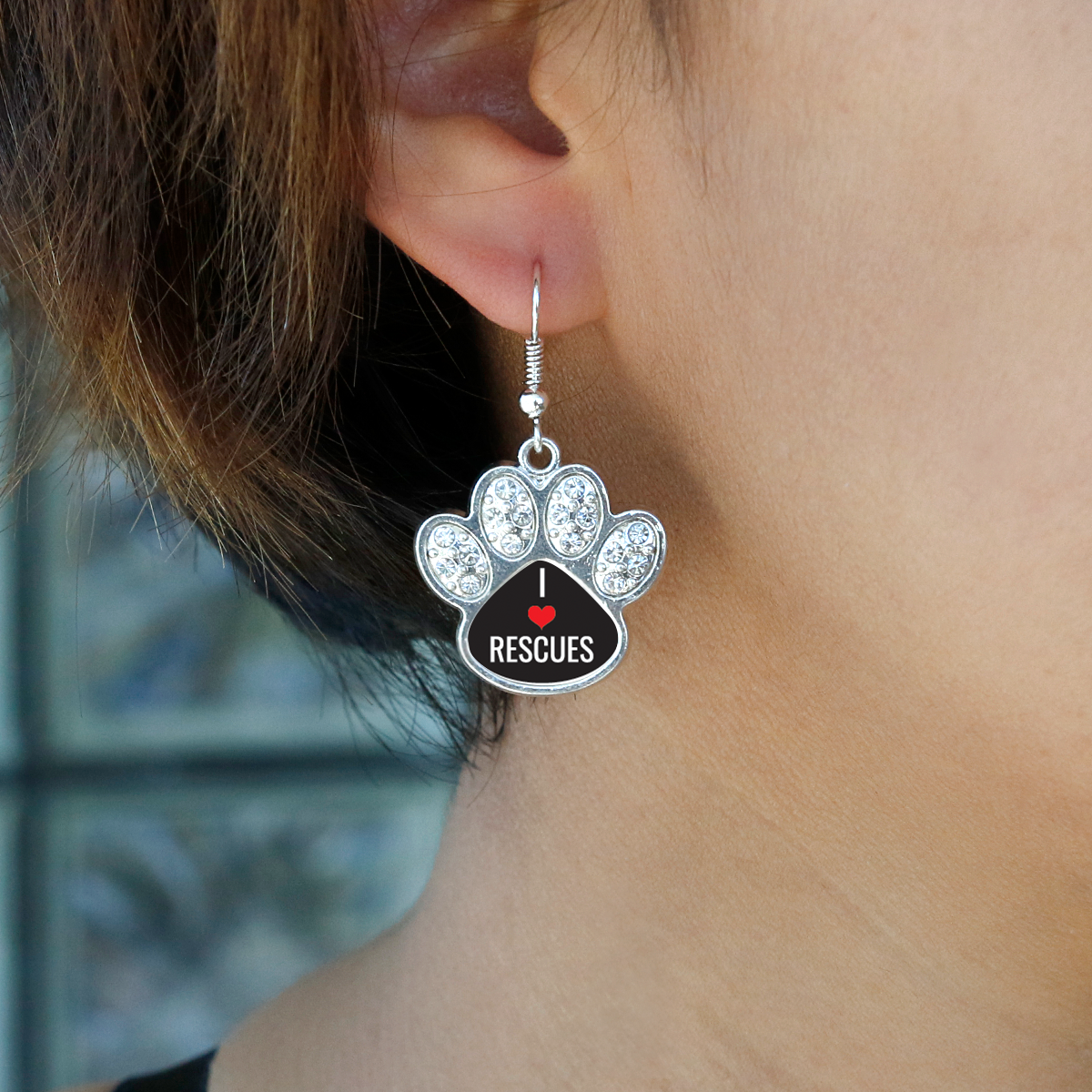 Silver I Heart Rescues Pave Paw Charm Dangle Earrings