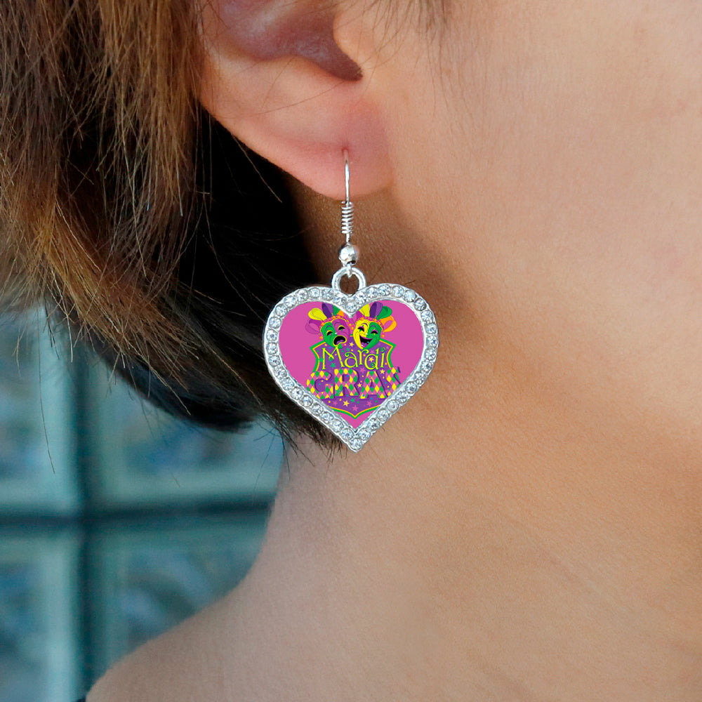 Silver Mardi Gras Masks Open Heart Charm Dangle Earrings