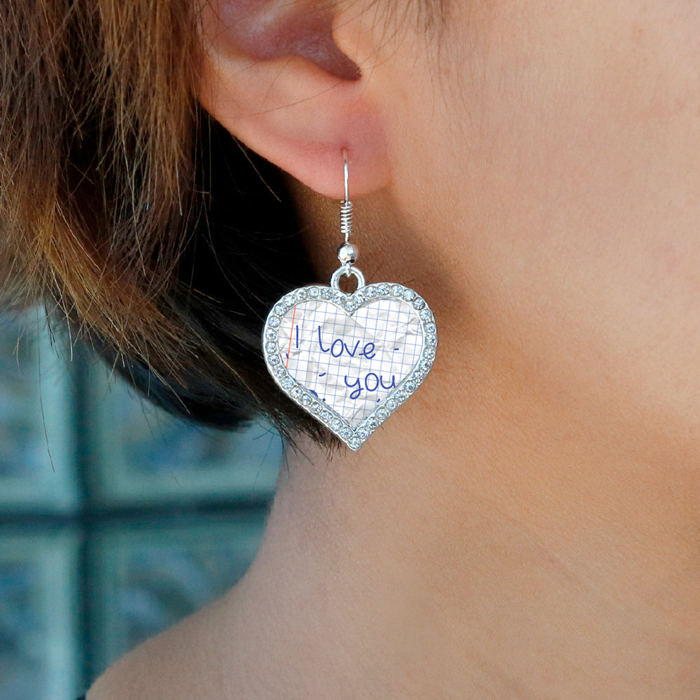 Silver I Love You Note Open Heart Charm Dangle Earrings