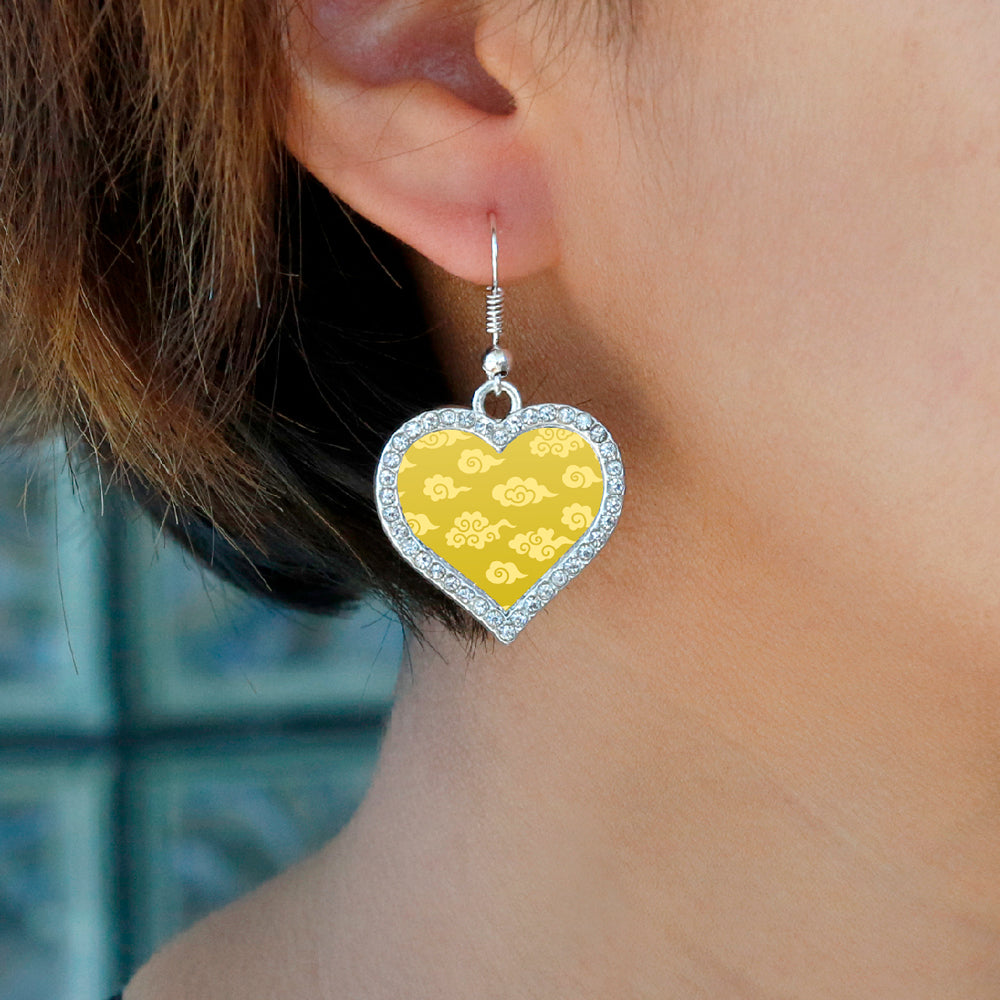Silver Yellow Chinese New Year Cloud Pattern Open Heart Charm Dangle Earrings
