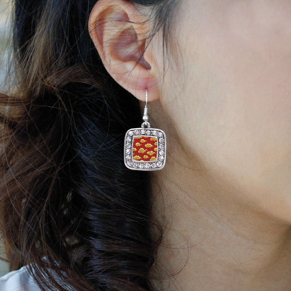 Silver Gold Chinese New Year Cloud Pattern Square Charm Dangle Earrings