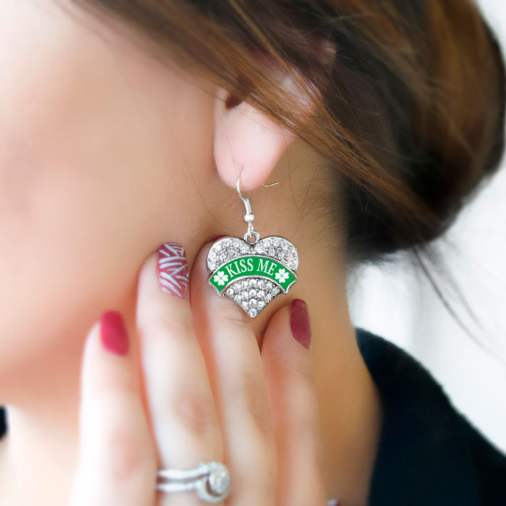 Silver Green Kiss Me Pave Heart Charm Dangle Earrings
