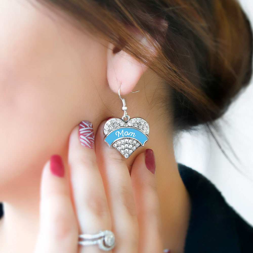 Silver Blue Mom Pave Heart Charm Dangle Earrings