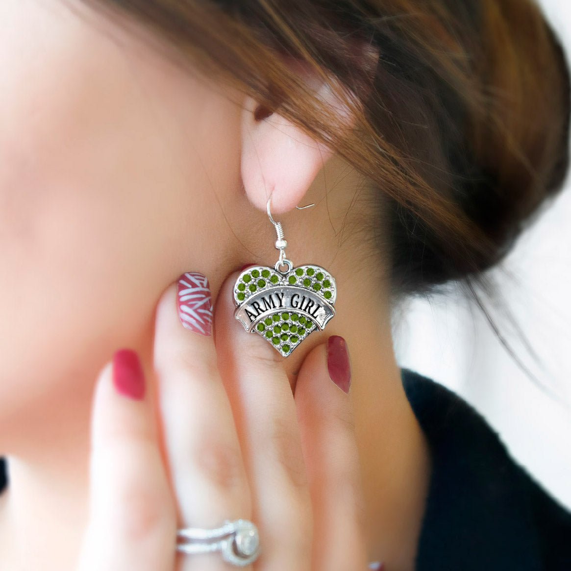 Silver Army Girl Green Pave Heart Charm Dangle Earrings