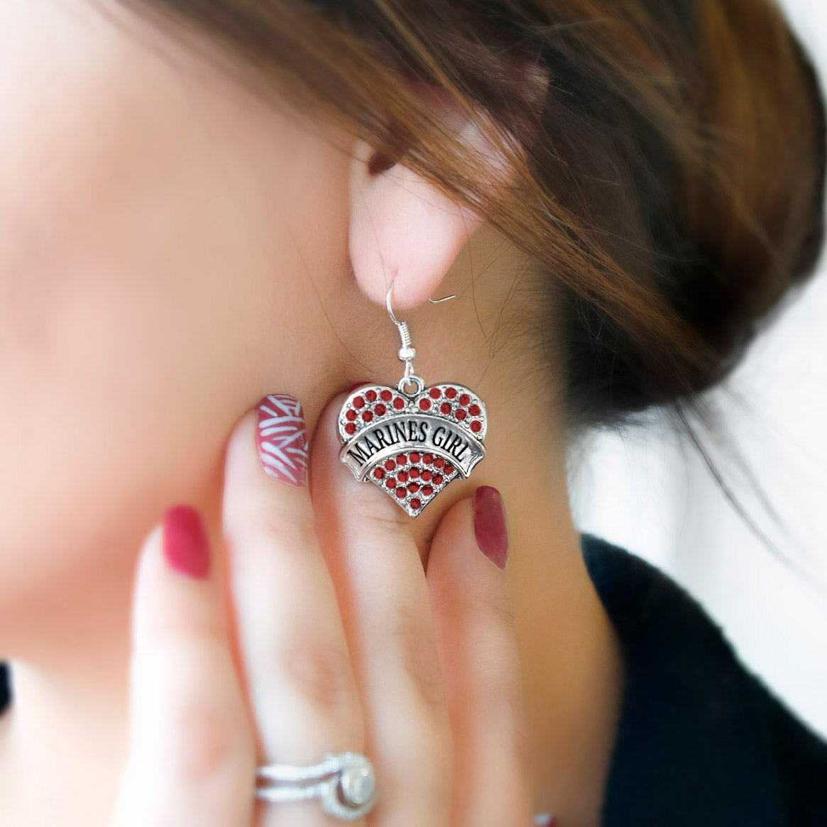 Silver Marines Girl Red Pave Heart Charm Dangle Earrings