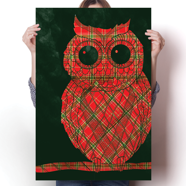 Vintage Damask Christmas Plaid Owl Poster