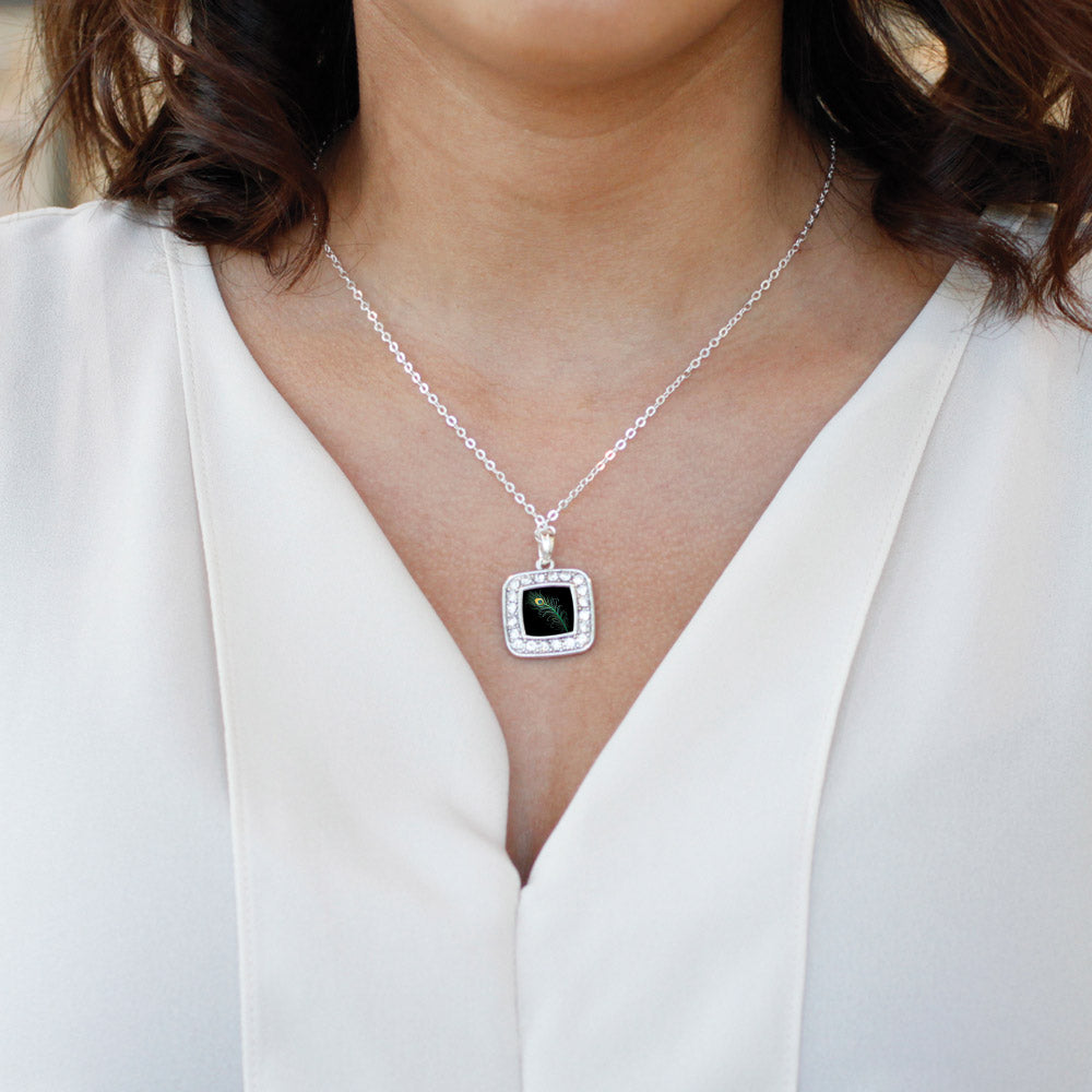 Silver Peacock Feather Square Charm Classic Necklace