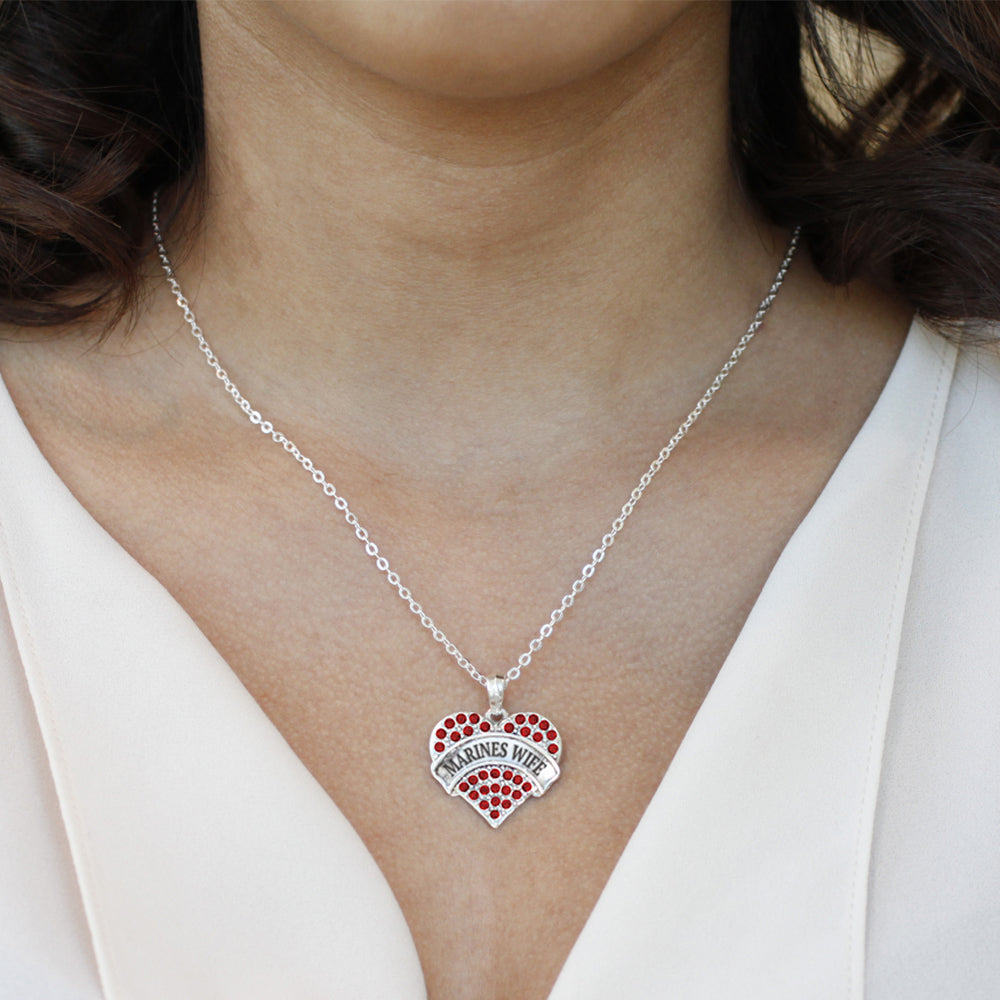 Silver Marines Wife Red Pave Heart Charm Classic Necklace