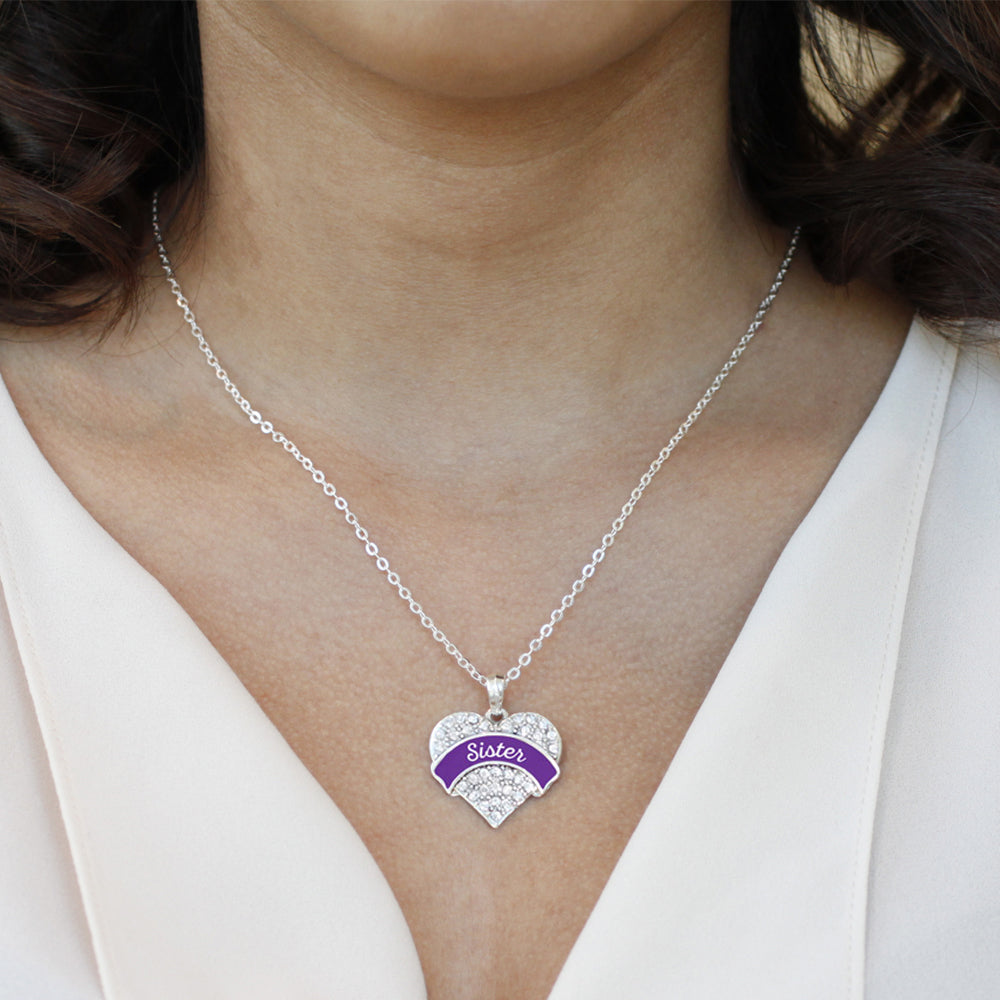 Silver Purple Sister Pave Heart Charm Classic Necklace
