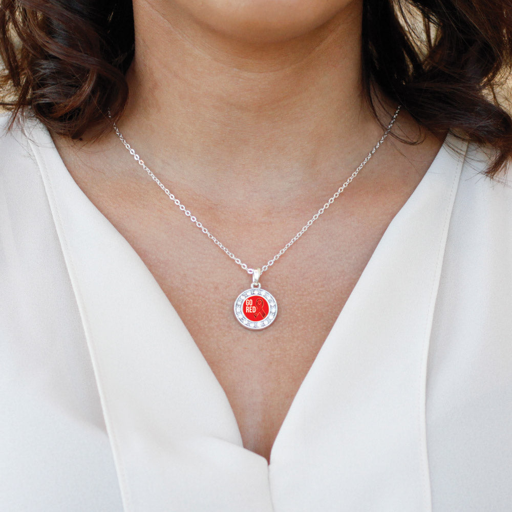Silver Go Red Heart Disease Awareness Circle Charm Classic Necklace
