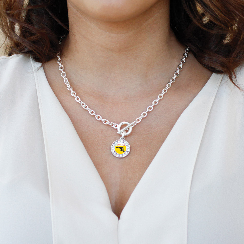 Silver Maryland Outline Circle Charm Toggle Necklace