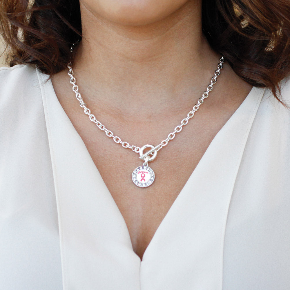 Silver Pink Ribbon Survivor Circle Charm Toggle Necklace