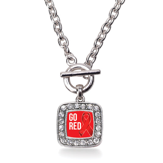 Silver Go Red Heart Disease Awareness Square Charm Toggle Necklace