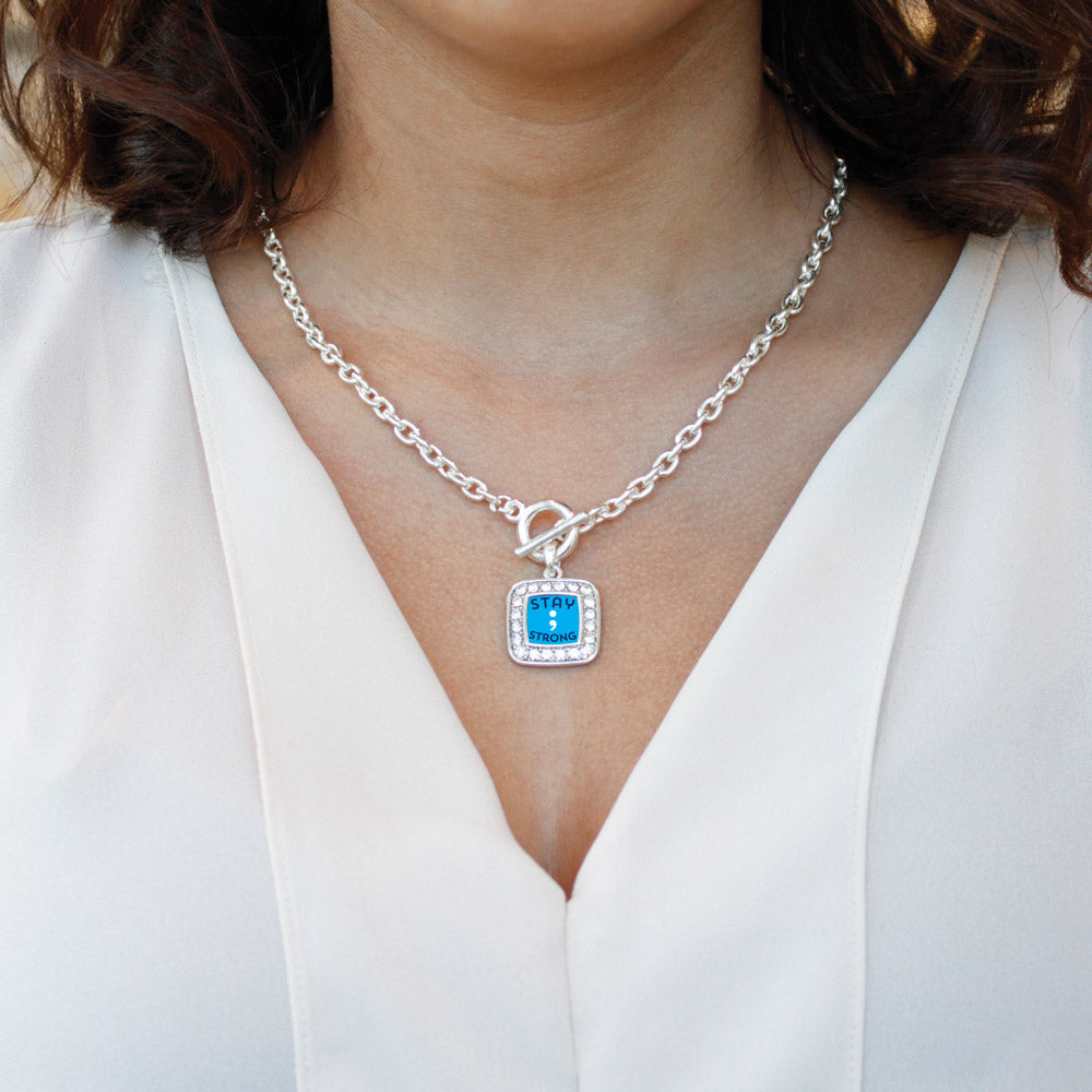 Silver Stay Strong Semicolon Movement Square Charm Toggle Necklace