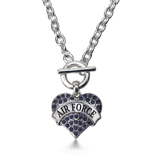 Silver Air Force Blue Pave Heart Charm Toggle Necklace