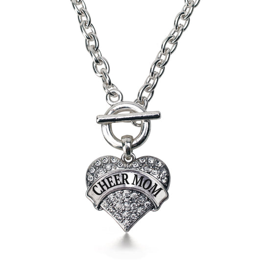 Silver Cheer Mom Pave Heart Charm Toggle Necklace