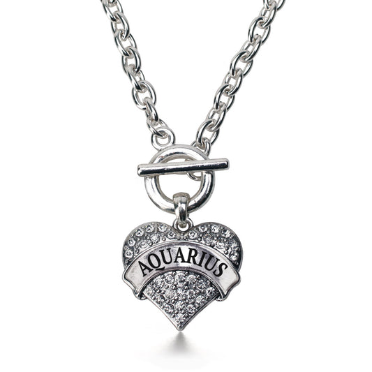 Silver Aquarius Zodiac Pave Heart Charm Toggle Necklace