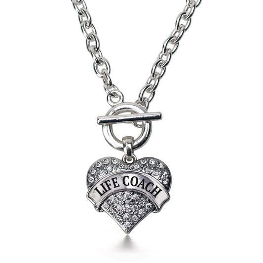 Silver Life Coach Pave Heart Charm Toggle Necklace
