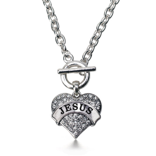 Silver Jesus Pave Heart Charm Toggle Necklace