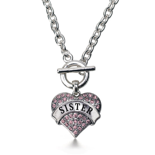 Silver Pink Sister Pink Pave Heart Charm Toggle Necklace