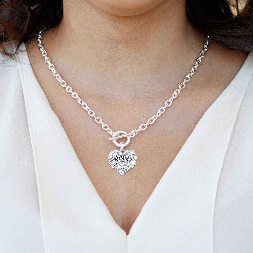 Silver Mommy Pave Heart Charm Toggle Necklace