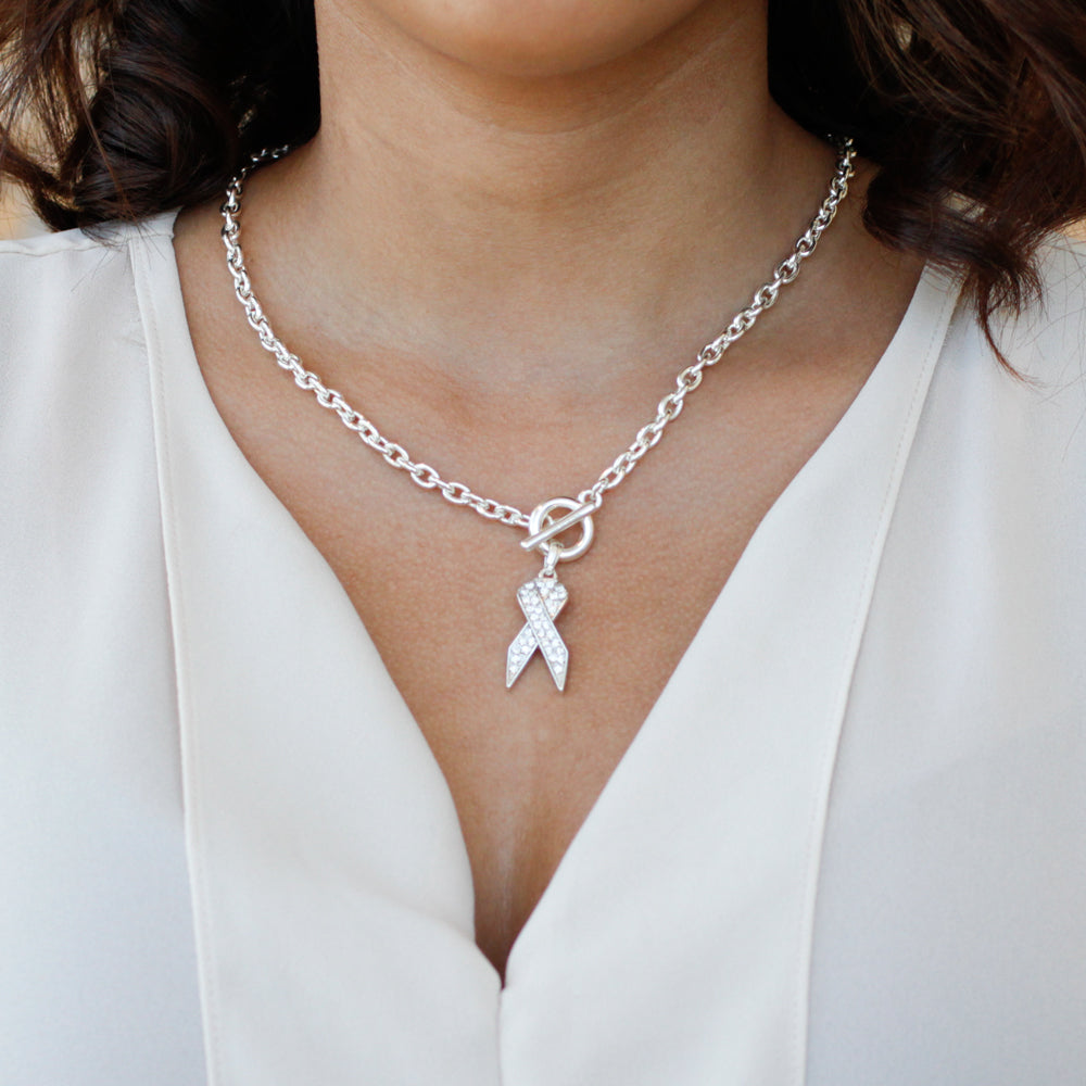 Silver Clear Ribbon Charm Toggle Necklace
