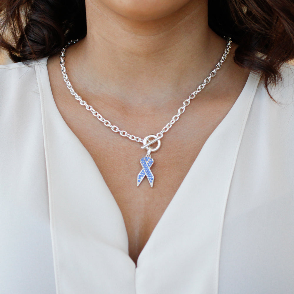 Silver Blue Ribbon Charm Toggle Necklace