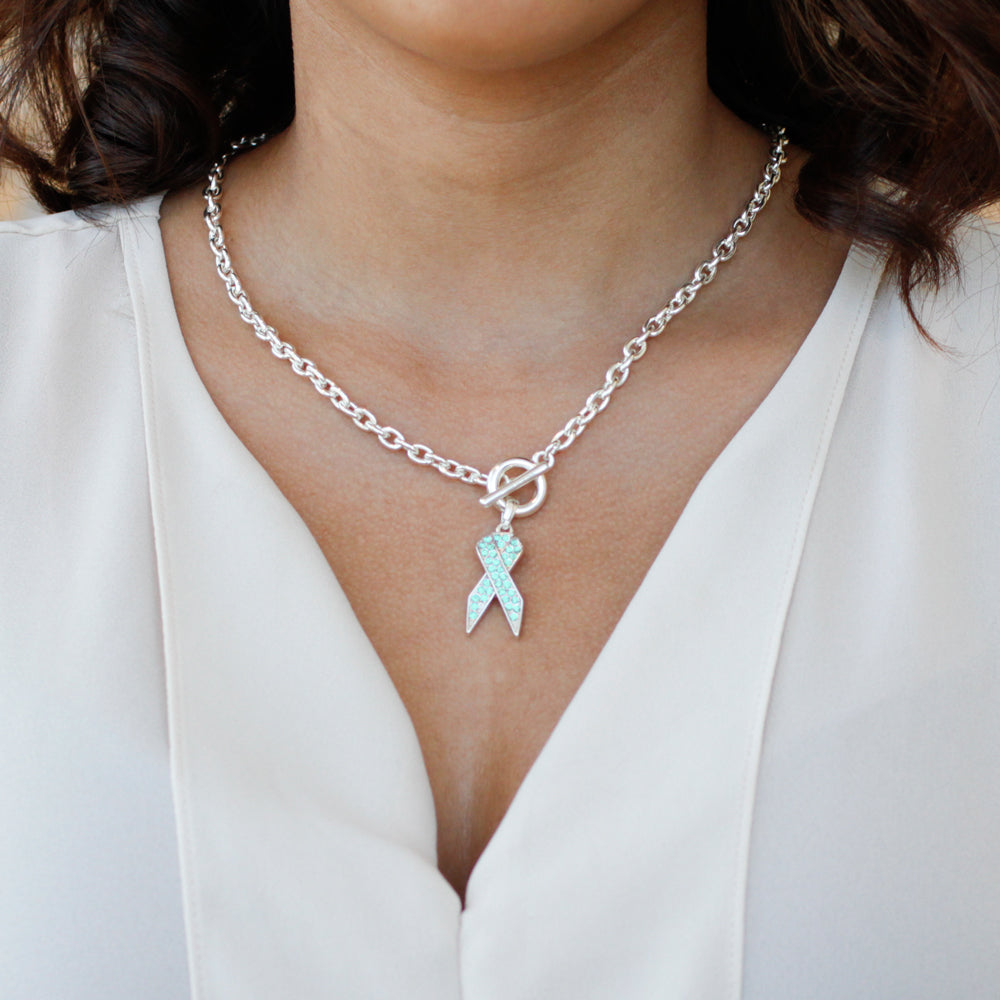 Silver Aqua Ribbon Charm Toggle Necklace