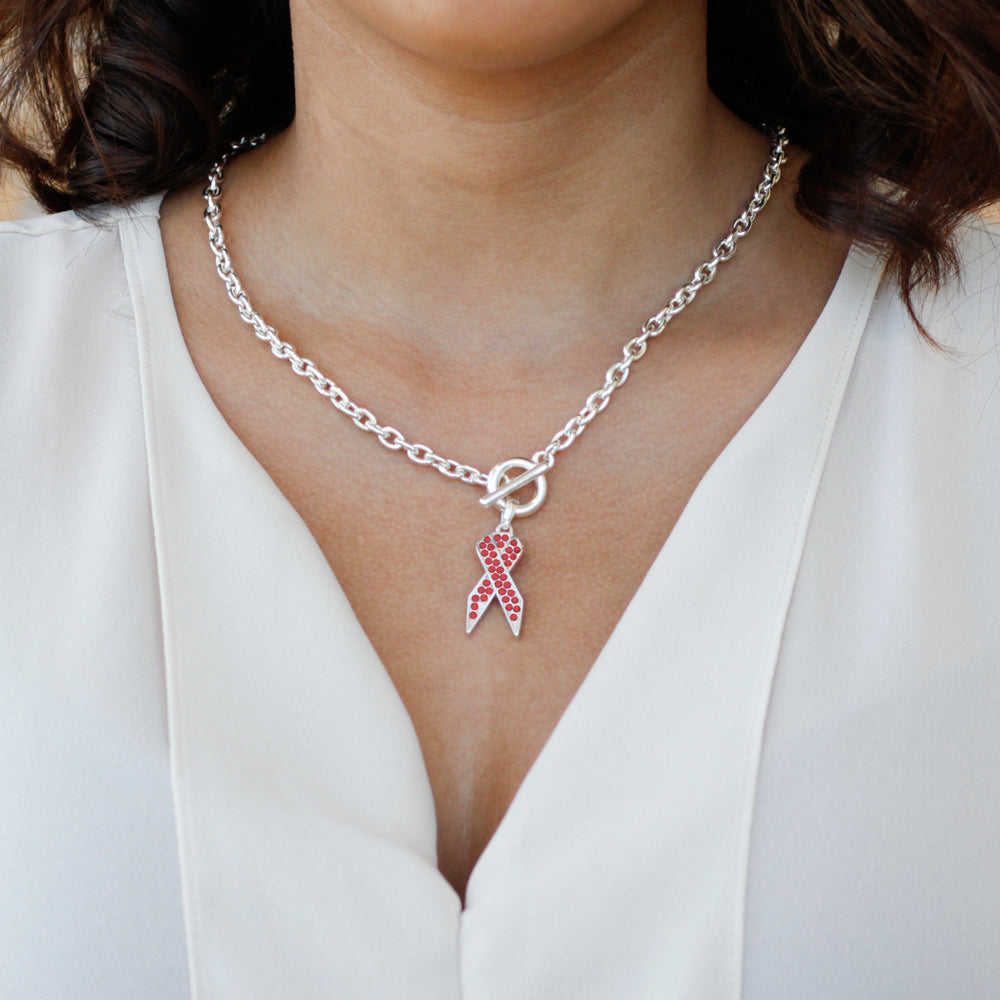 Silver Red Ribbon Charm Toggle Necklace
