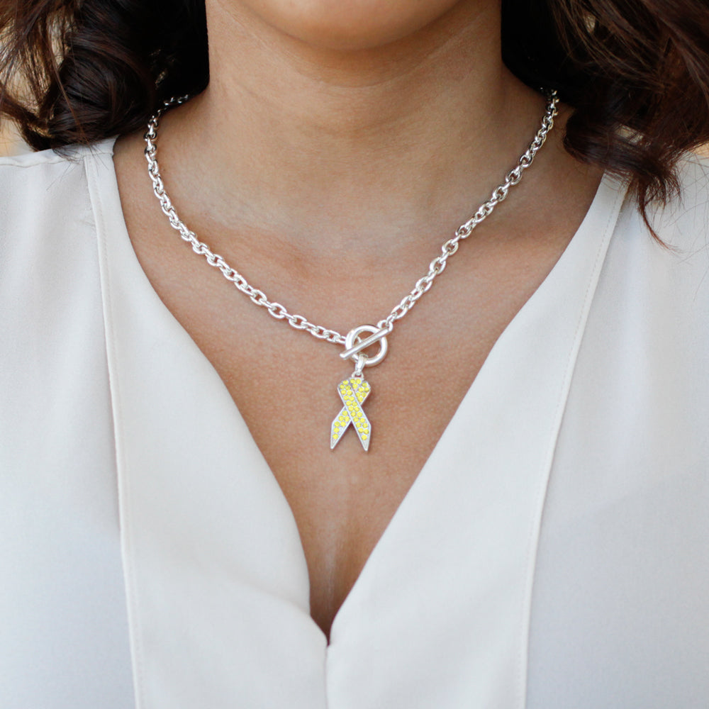 Silver Yellow Ribbon Charm Toggle Necklace