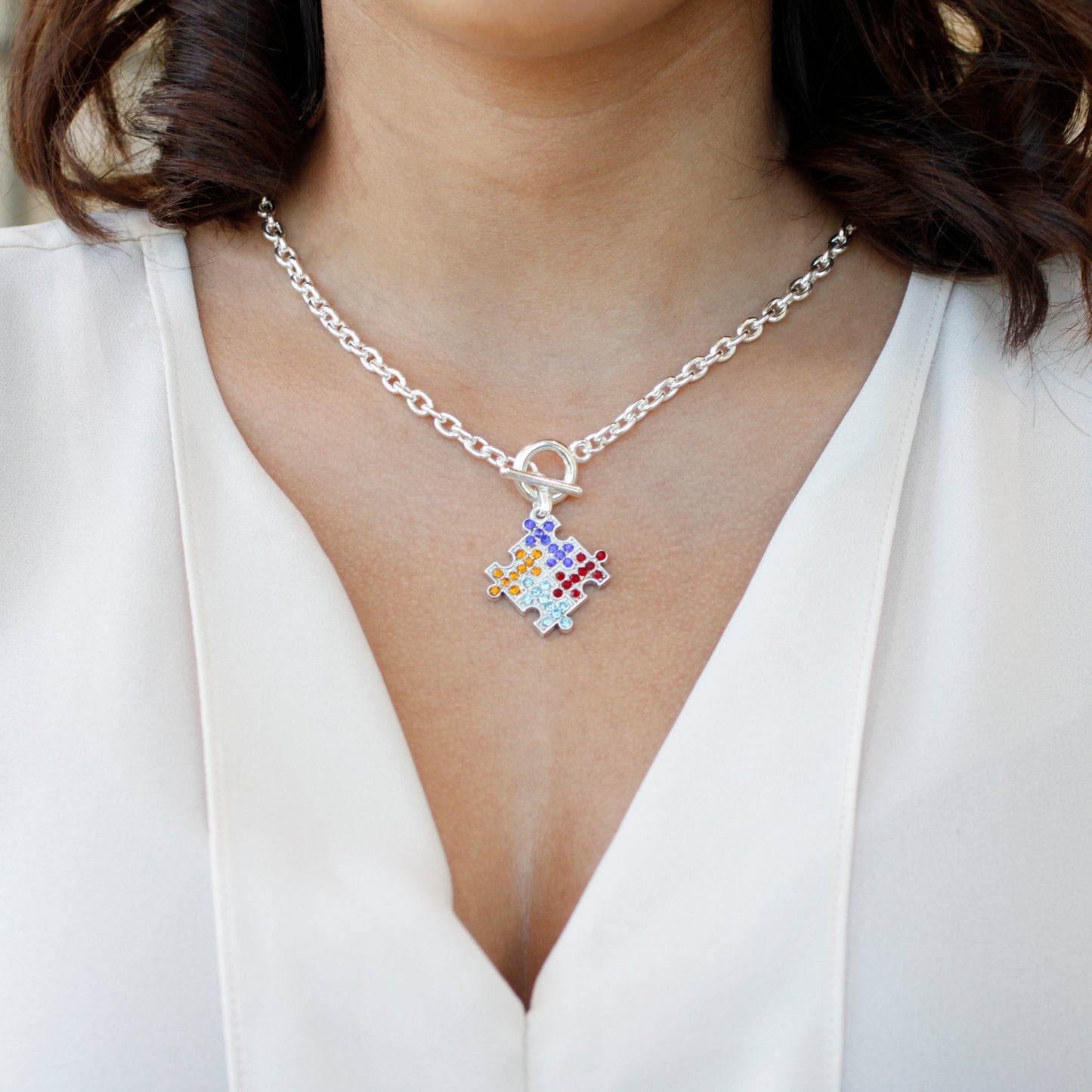 Silver Jigsaw Charm Toggle Necklace