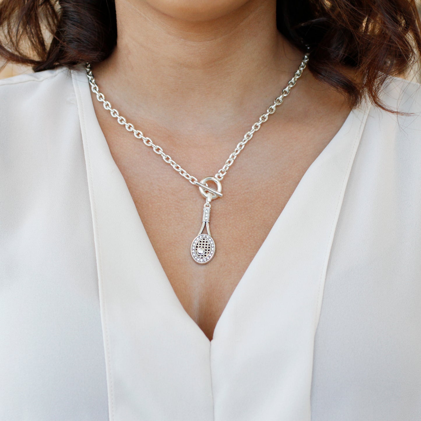 Silver Tennis Racket Charm Toggle Necklace