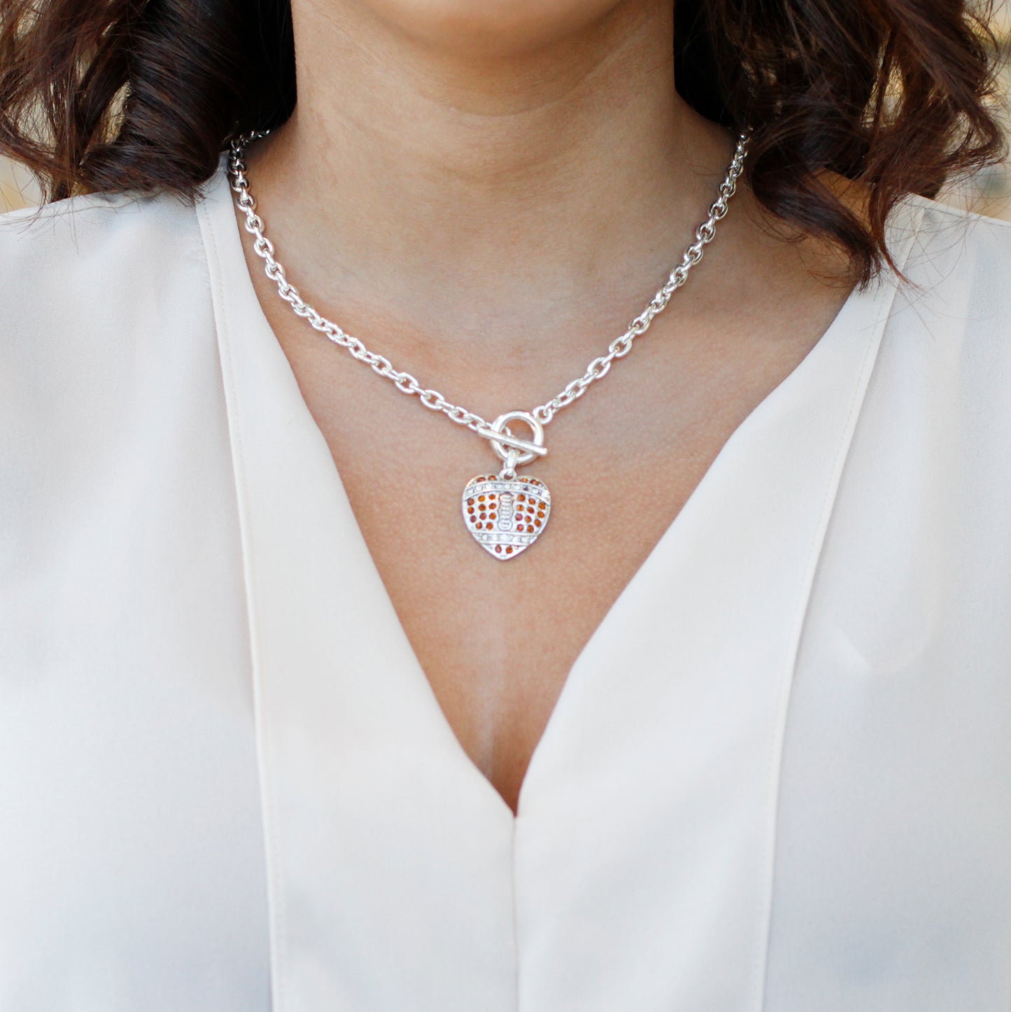 Silver Football Heart Charm Toggle Necklace