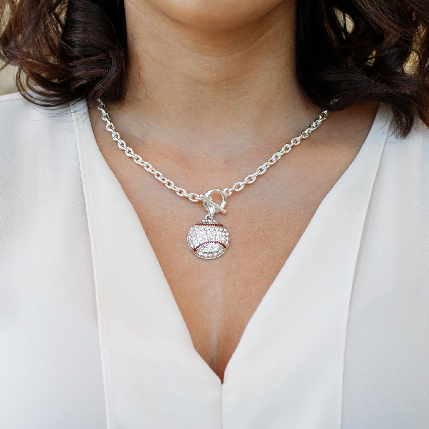 Silver Baseball Charm Toggle Necklace