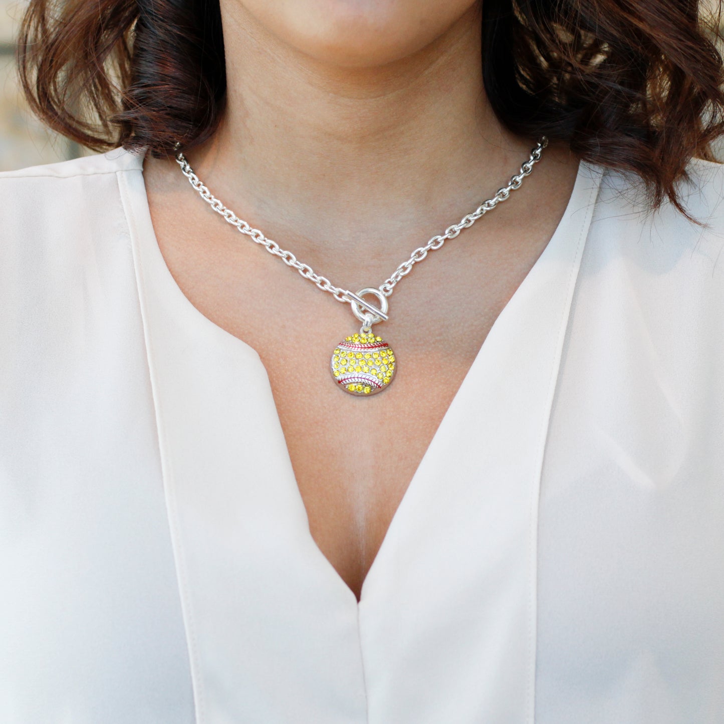 Silver Softball Charm Toggle Necklace