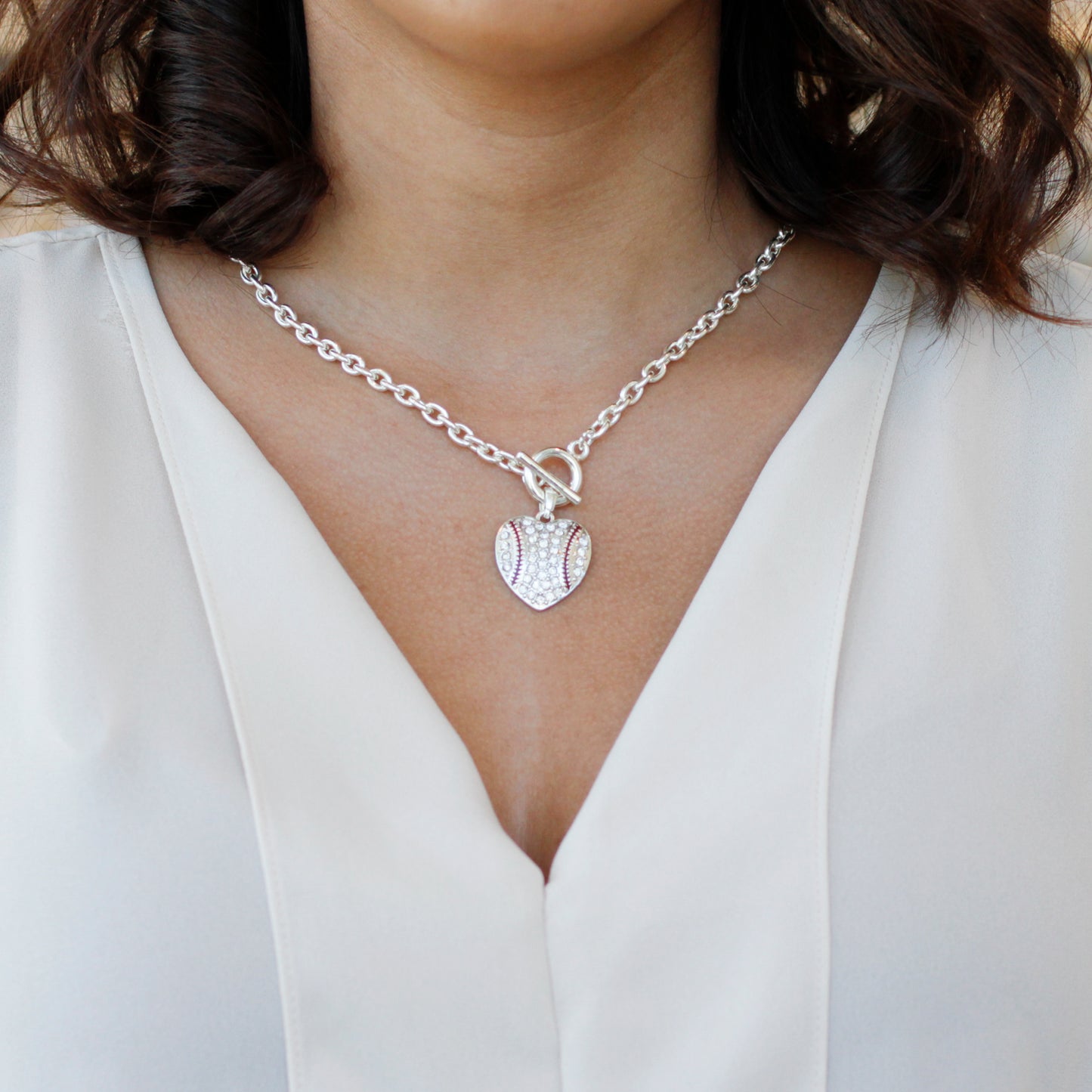Silver Baseball Heart Charm Toggle Necklace