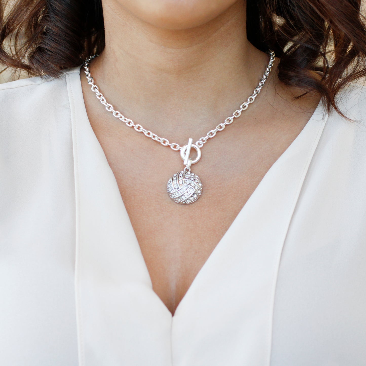 Silver Volleyball Charm Toggle Necklace