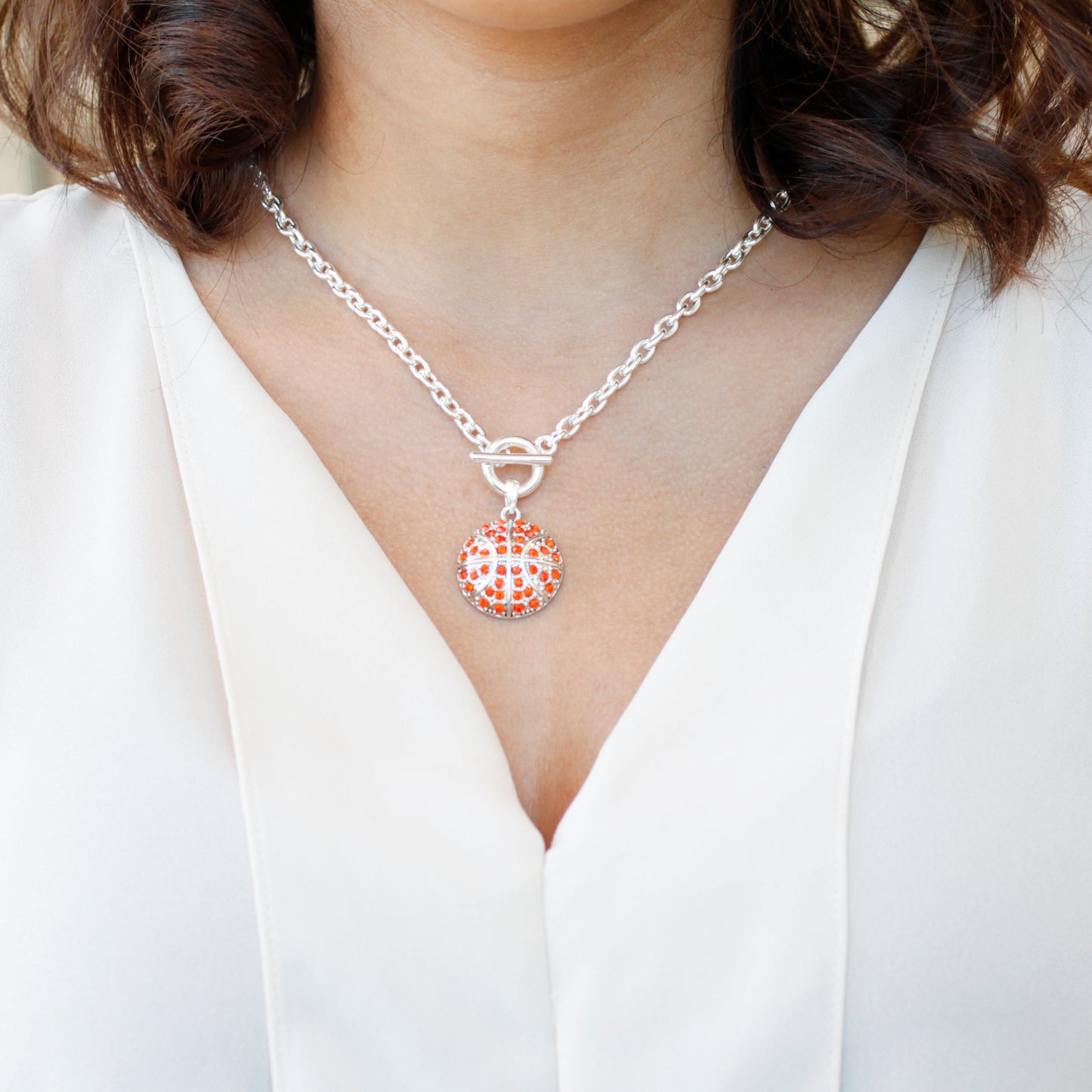 Silver Basketball Charm Toggle Necklace