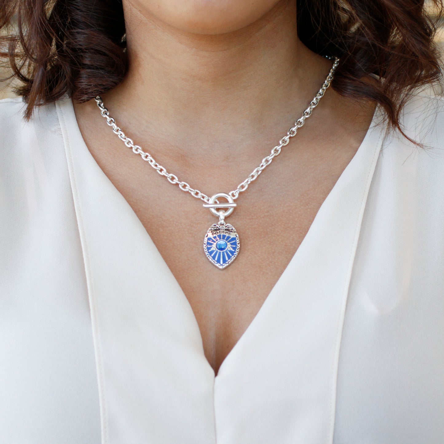 Silver Blue Police Badge Charm Toggle Necklace