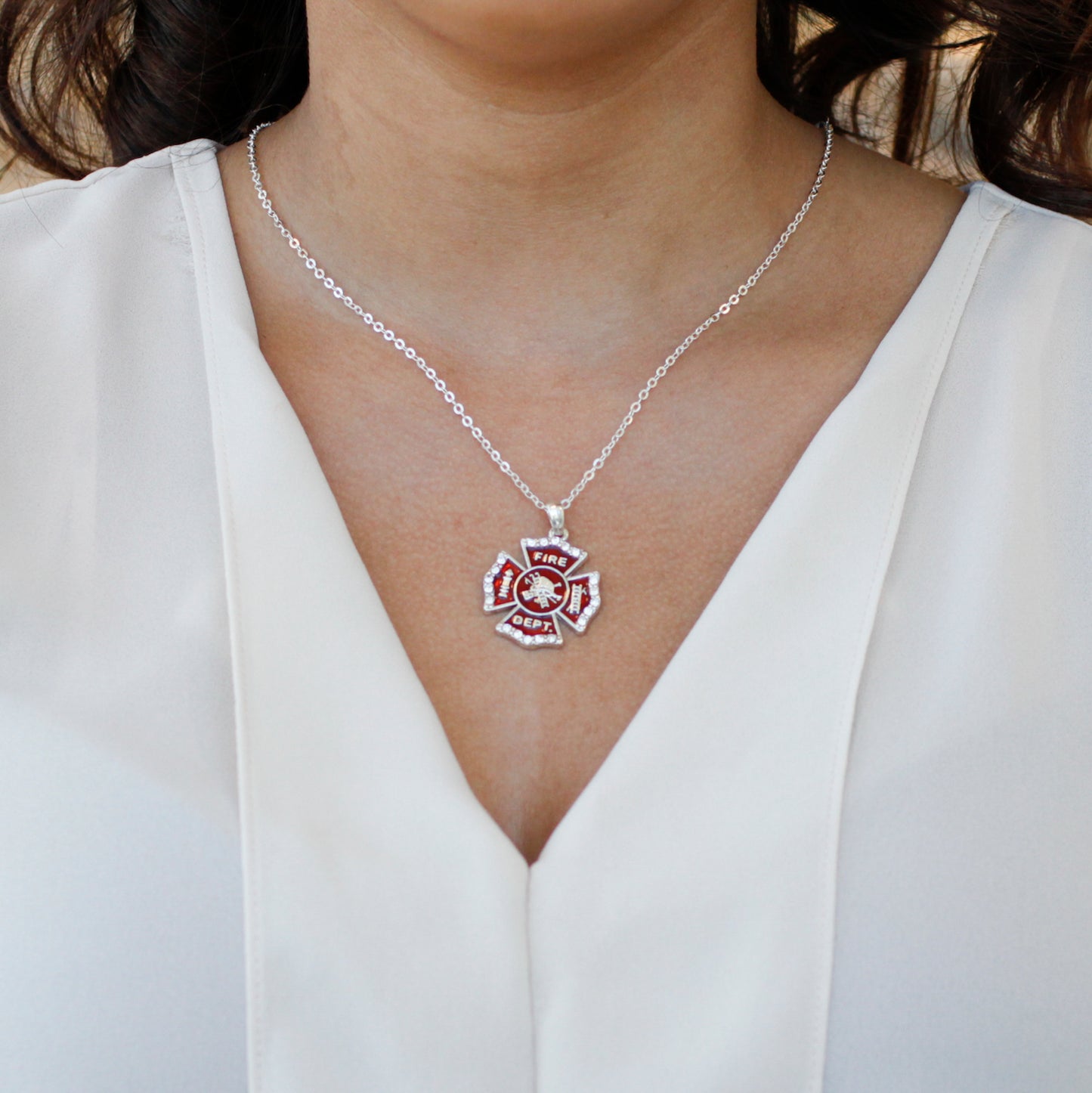 Silver Firefighter Badge Charm Classic Necklace