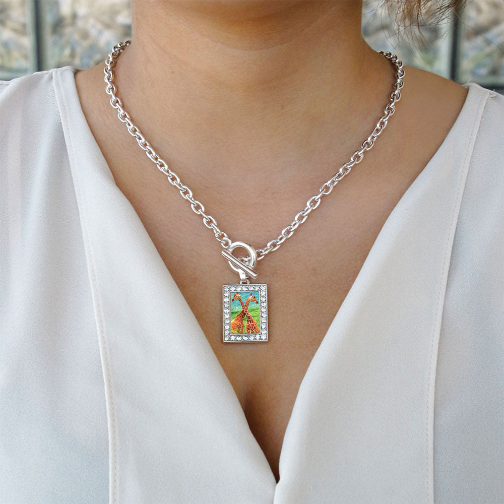 Silver Giraffe Love Rectangle Charm Toggle Necklace