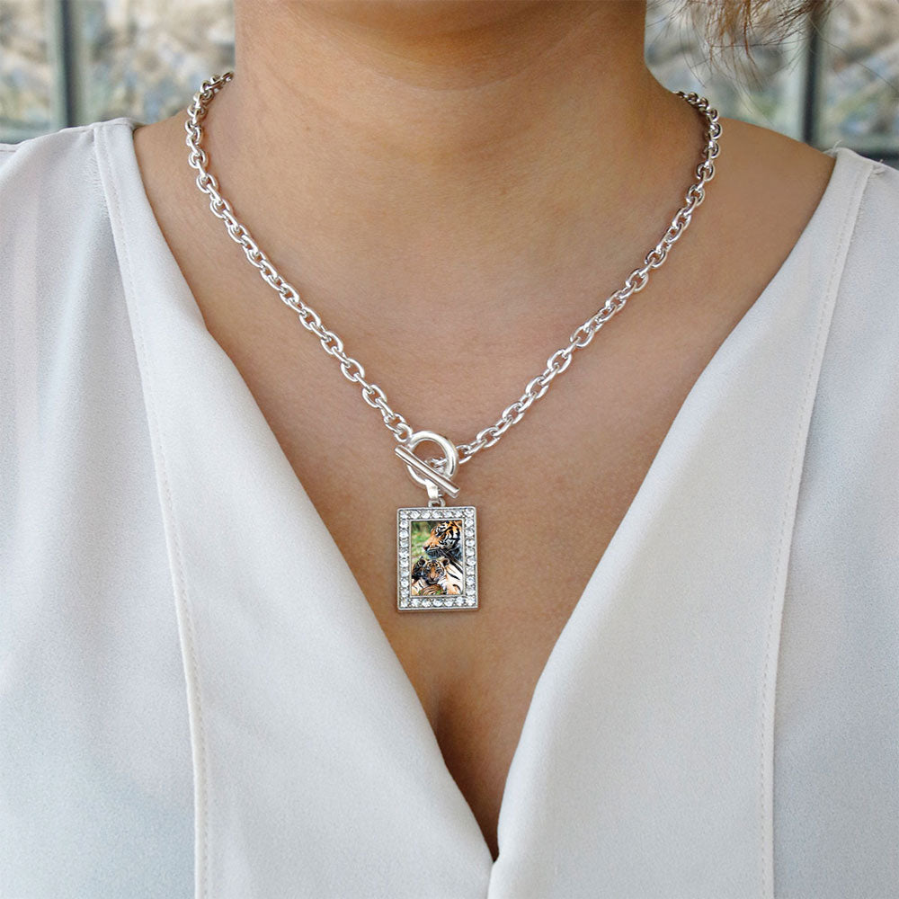 Silver Momma Tiger and Cub Rectangle Charm Toggle Necklace
