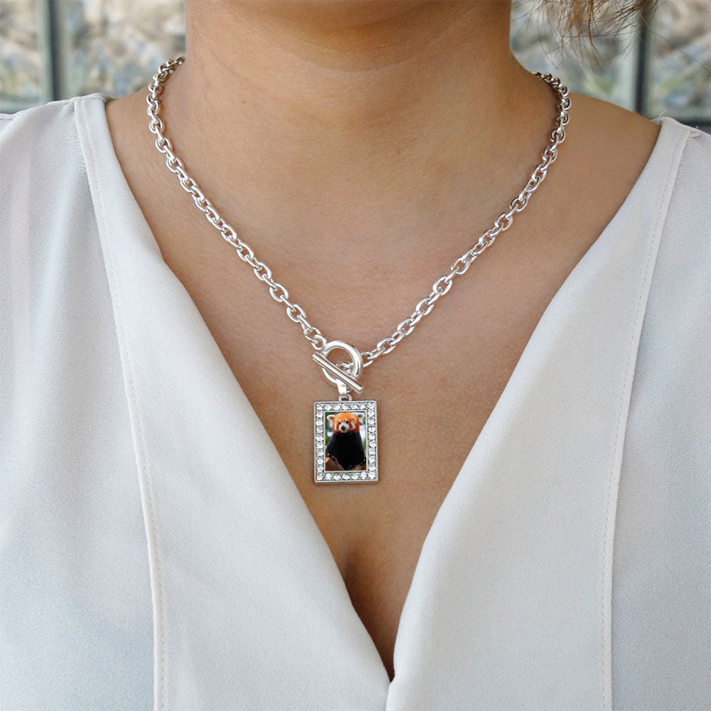 Silver Red Panda Rectangle Charm Toggle Necklace