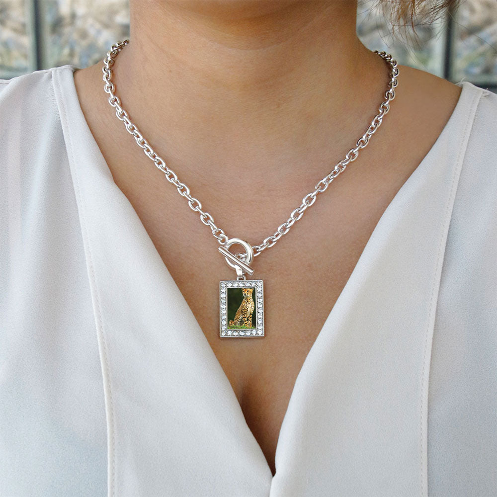 Silver Cheetah Rectangle Charm Toggle Necklace