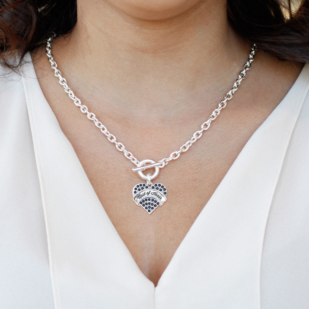 Silver Navy Maid of Honor Blue Pave Heart Charm Toggle Necklace