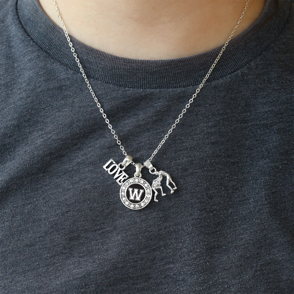 Silver Wrestling - Sports Initial W Circle Charm Classic Necklace