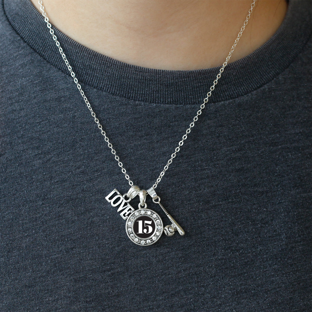 Silver Baseball Bat - Sports Number 15 Circle Charm Classic Necklace