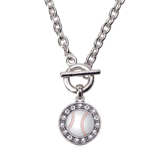 Silver Baseball Circle Charm Toggle Necklace